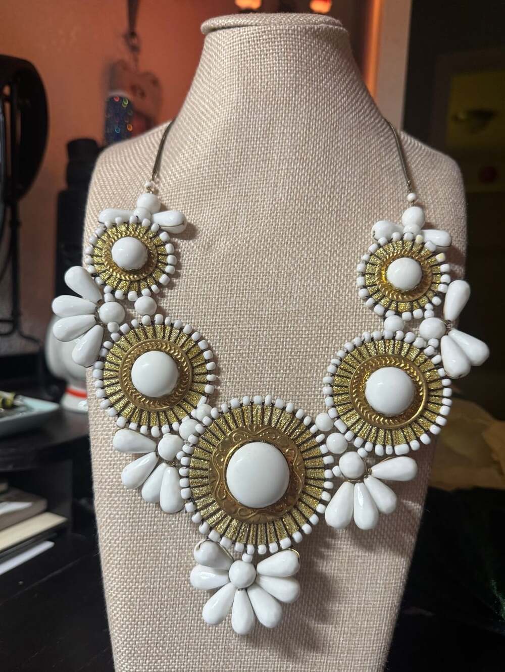 Vintage Statement Necklace Gold And White Beaded